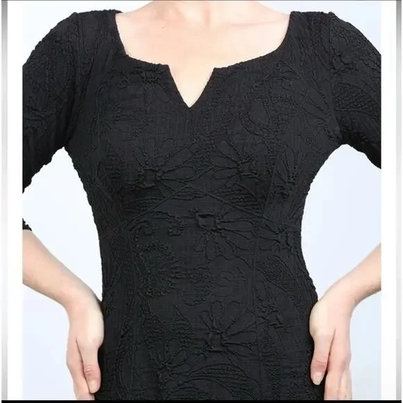 Elana Kattan Dain 3/4 Sleeve Scoop Neck Trapeze Black Dress, Size M Lagenlook - Picture 2 of 8